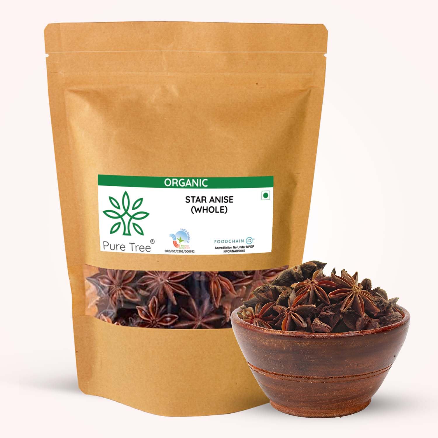 Pure Tree Certified Organic Star Anise Whole | 200 g | Chakri Phool, Badian Spice | Aromatic Khada Masala for Cooking, Baking, Chai, Herbal Teas
