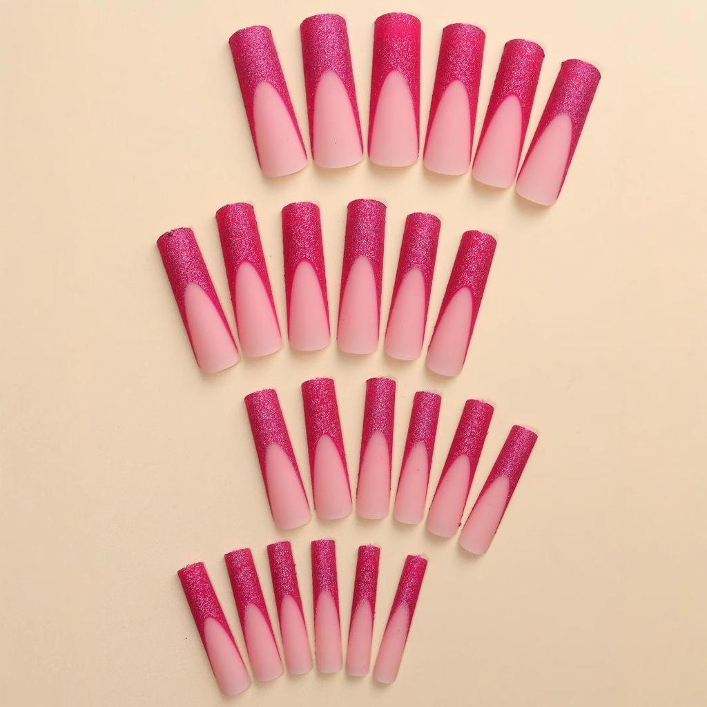 Extra Lange Glitzernde Rosa Tragbare Französische Nägel - 24 Stück Europäischer & Amerikanischer Stil