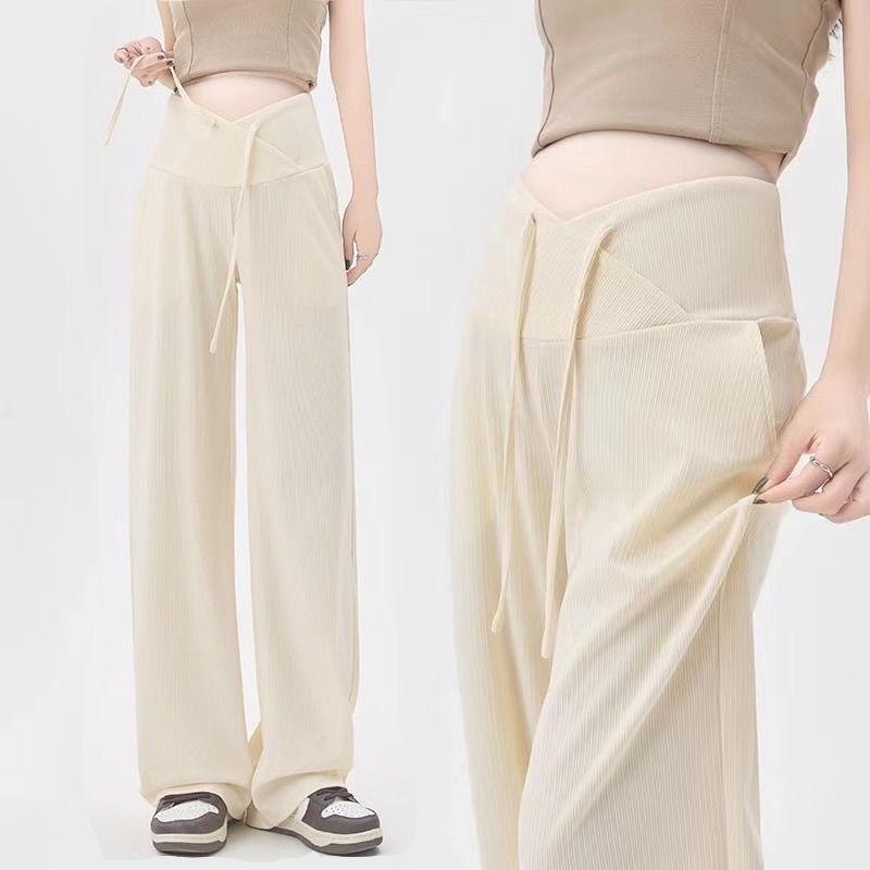 2024 Summer Maternity Wide-Leg Pants: Low Waist, Drawstring, No Belly Support, Casual Long Trousers