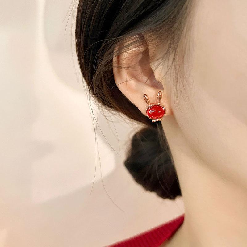 Bow Tie Rabbit Earrings for Women's Chinese Style Rose Red Agate Autumn and Winter Rabbit Year Style