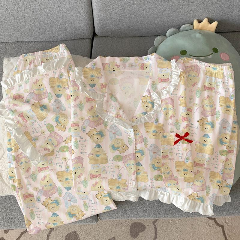 Cute puppy imitation cotton edge pajamas women's summer casual sweet loungewear short-sleeved three-piece set