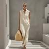 Women's Sleeveless Stand Collar Button Front Loose Fit Casual Maxi Dress
