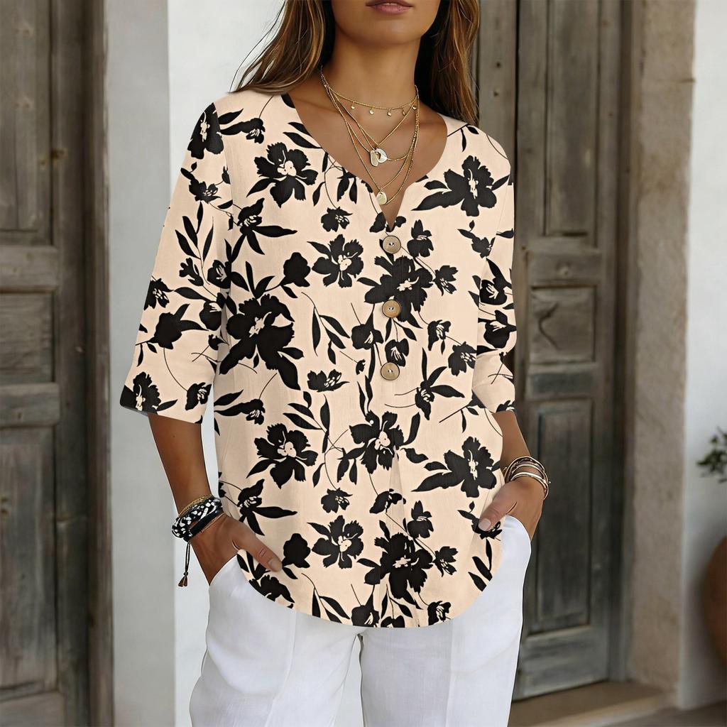 Damenhemden Elegante Freizeit-T-Shirts 3/4-Ärmel Tunika-Oberteile Basic-T-Shirts Pullover Arbeitsblusen