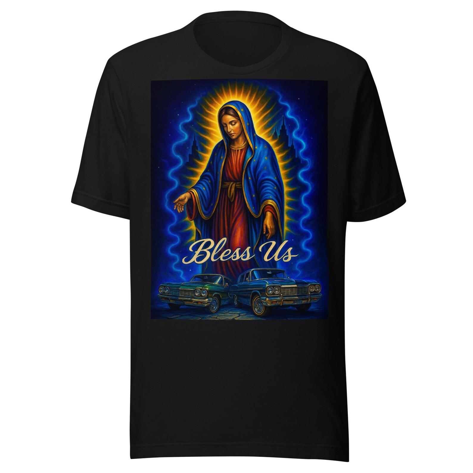 Bless Us Virgin Art T-Shirt – Mexican Religious Lowrider Cultural Design Unisex t-shirt 2XL