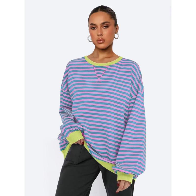 Dámská mikina s kulatým výstřihem a pruhy, volný top s lucernovými rukávy