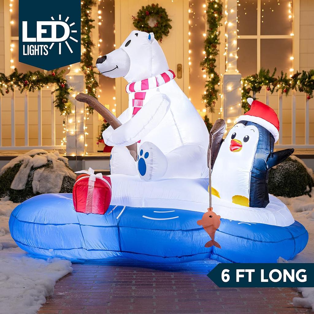 JOYFY 6 FT Long Christmas Inflatable Polar Bear Fishing with Penguin Decoration Blow Up Yard Decor Built-in LEDs for Christmas