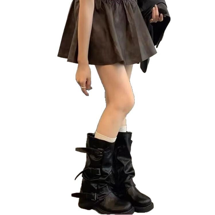 Cowhide Version! Black Trouser Boots European and American Fried Street Round Head Thick Heel Belt Buckle But Knee Fold Tall Knight Boots
