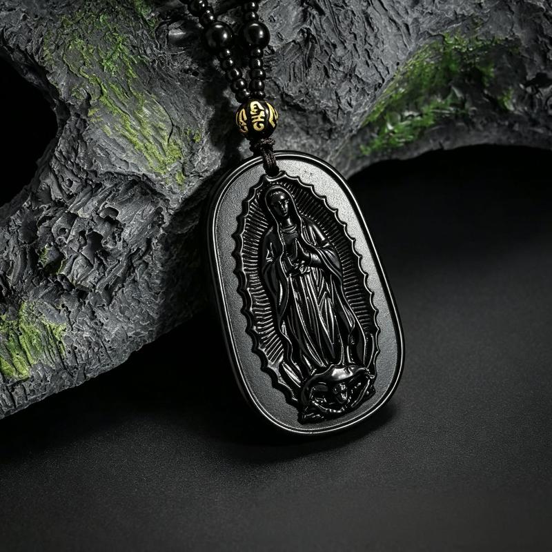Retro Style Imitation Obsidian Carved Statue Pendant Necklace Unique Design Religious Jewelry for Street Wear