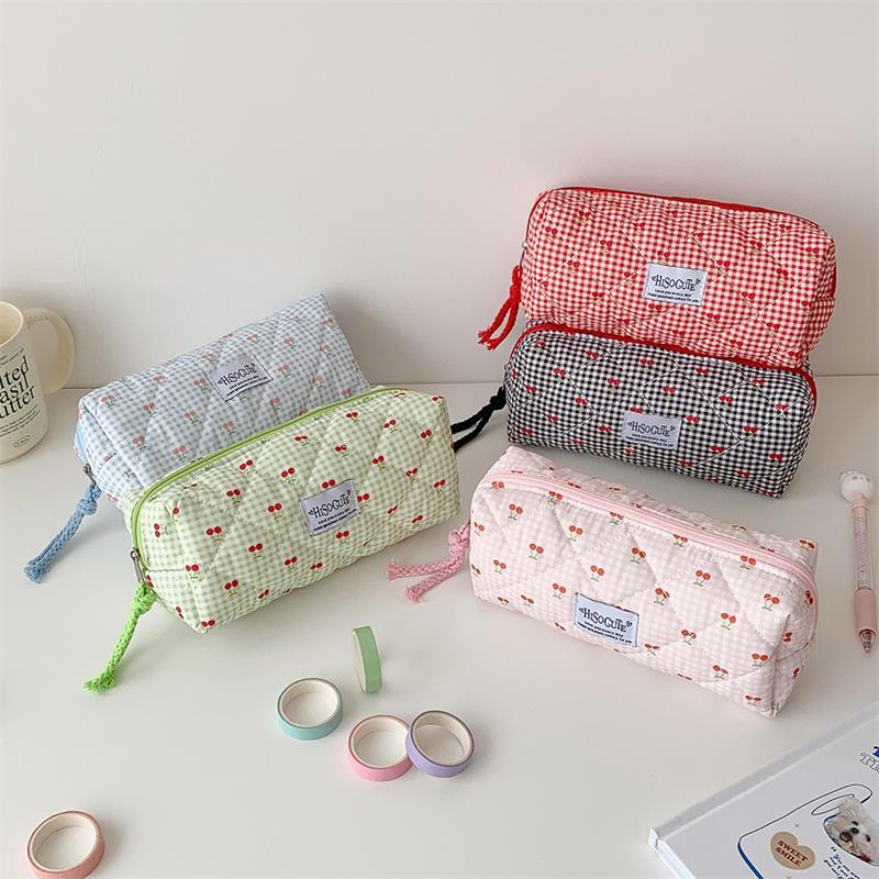 Cute Cherry Plaid Large Capacity Pencil Case Student Stationery Bag Ladies Cosmetic Bags Portable Clutch Purse Storage Bag Gifts