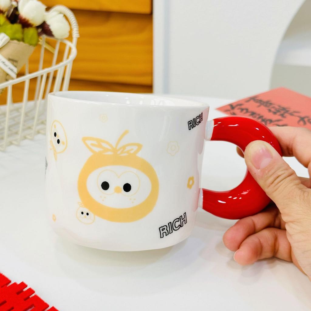 Small Orange with Lid Spoon Red Ceramic Cup Cartoon Cute High Value Mug Household Water Cup Set