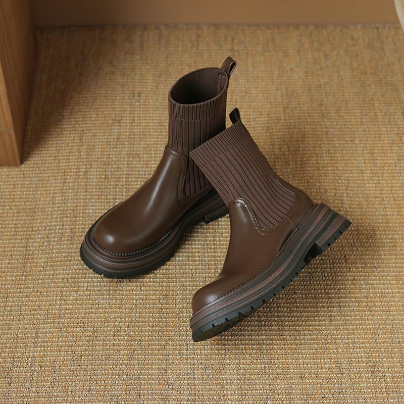 Krazing Pot Microfiber Autumn Winter Shoes Thick High Heels Flat Platform Size 43 Motorcycle Boots Knitwear Non-slip Ankle Boots