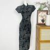 Elastic flocking long short-sleeved cheongsam 1011 summer new retro national style middle-aged and elderly mother daily cheongsam skirt