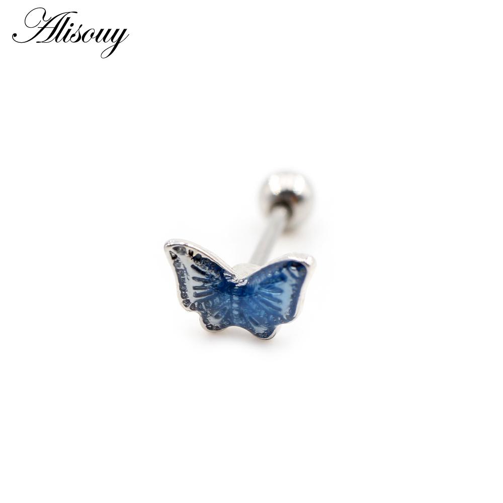 Alisouy 2PCS Butterfly Resin Zircon Ball Stainless Steel Women Men Ear Stud Earrings Cartilage Tragus Helix Pierceing Jewelry