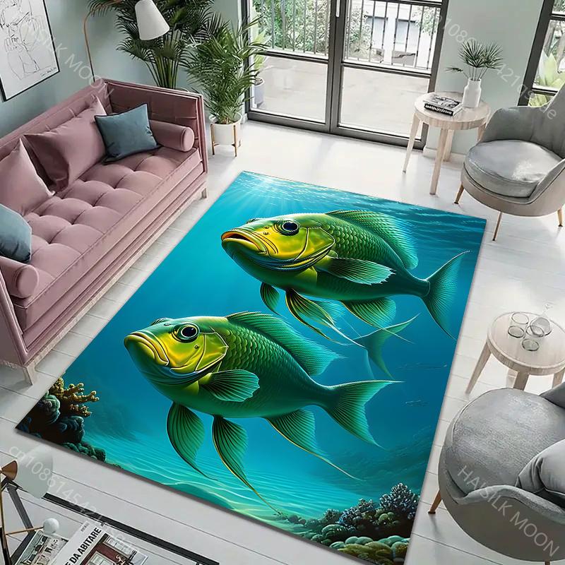 Fish in The Sea Deep Sea Fish Pattern Carpet for Living Room Bedroom Bedside Floor Mat Cloakroom Playing Mat Area Rug Large Size
