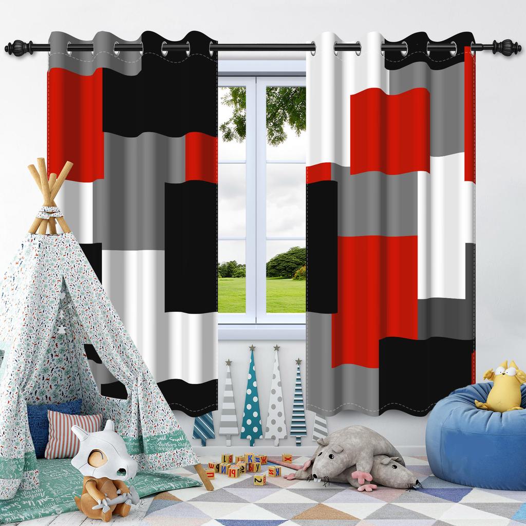 2Pcs Red Black Blackout Curtains for Bedroom Modern Abstract Geometric Living Room Darkening Thermal Insulated Window Drapes