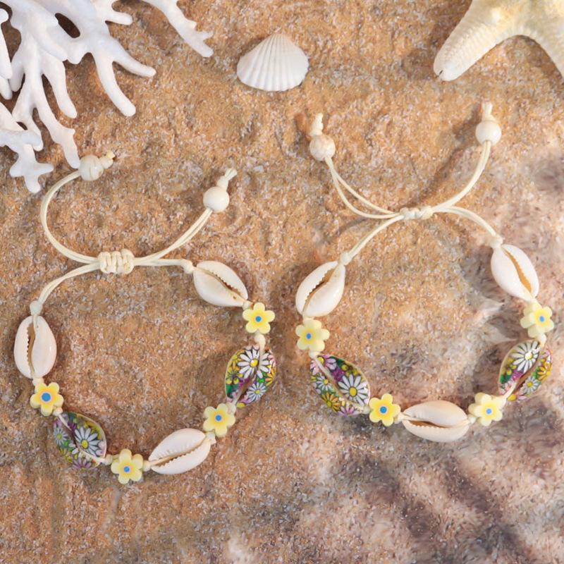 1011 Ocean Resort Wind Starfish Shell Bracelet, Daisy Rainbow Print Hand Rope Tide