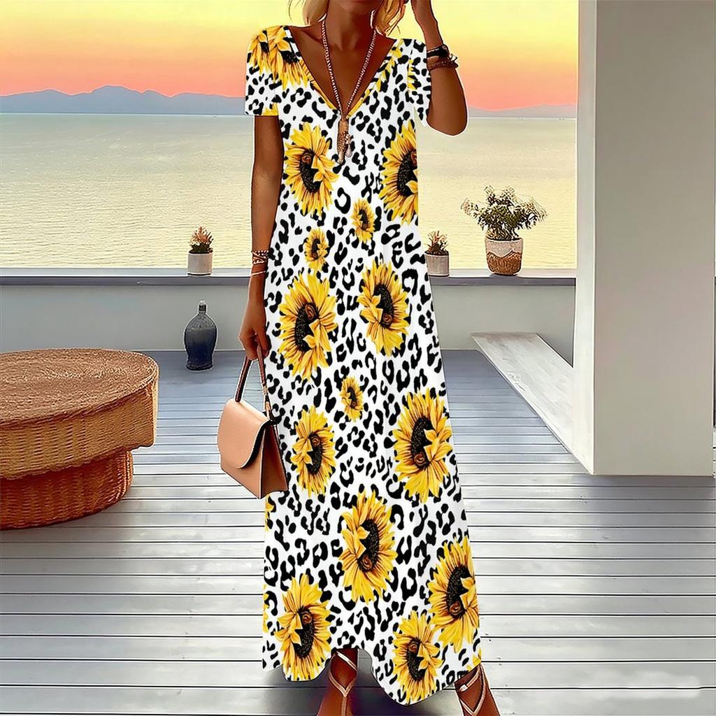 Women Plus Size V Neck Short Sleeve Maxi Dress Camouflage Print Loose Casual Summer Beach Long Dress