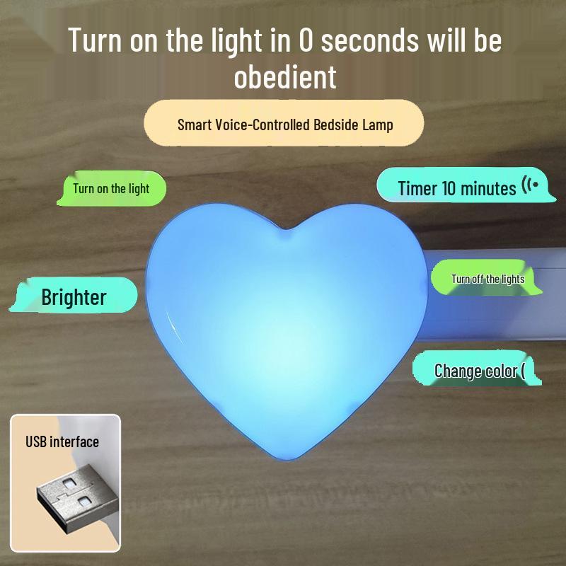 Heart-Shaped LED USB Night Light with Power Bank - White, Warm, Blue, Pink for Bedroom or Dorm Table
