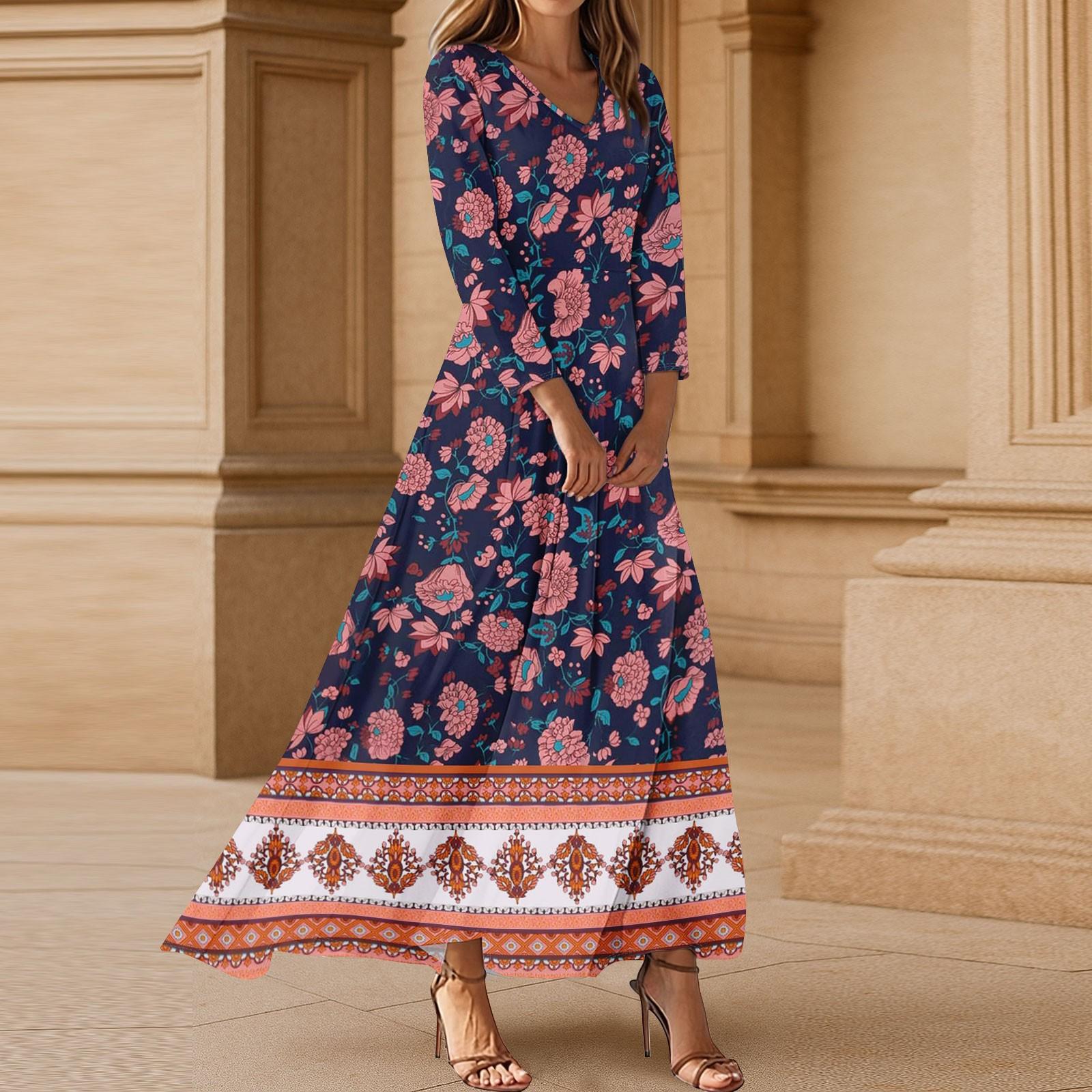 

Платья для женщин Винтажное цветочное туниковое платье миди с завышенной талией Летнее повседневное платье с рукавом 3/4 XL винный