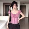 Plaid short-sleeved shirt women's spring and summer new design slim-fitting shirt Korean waist short top women