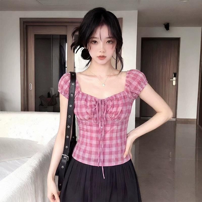 Plaid short-sleeved shirt women's spring and summer new design slim-fitting shirt Korean waist short top women