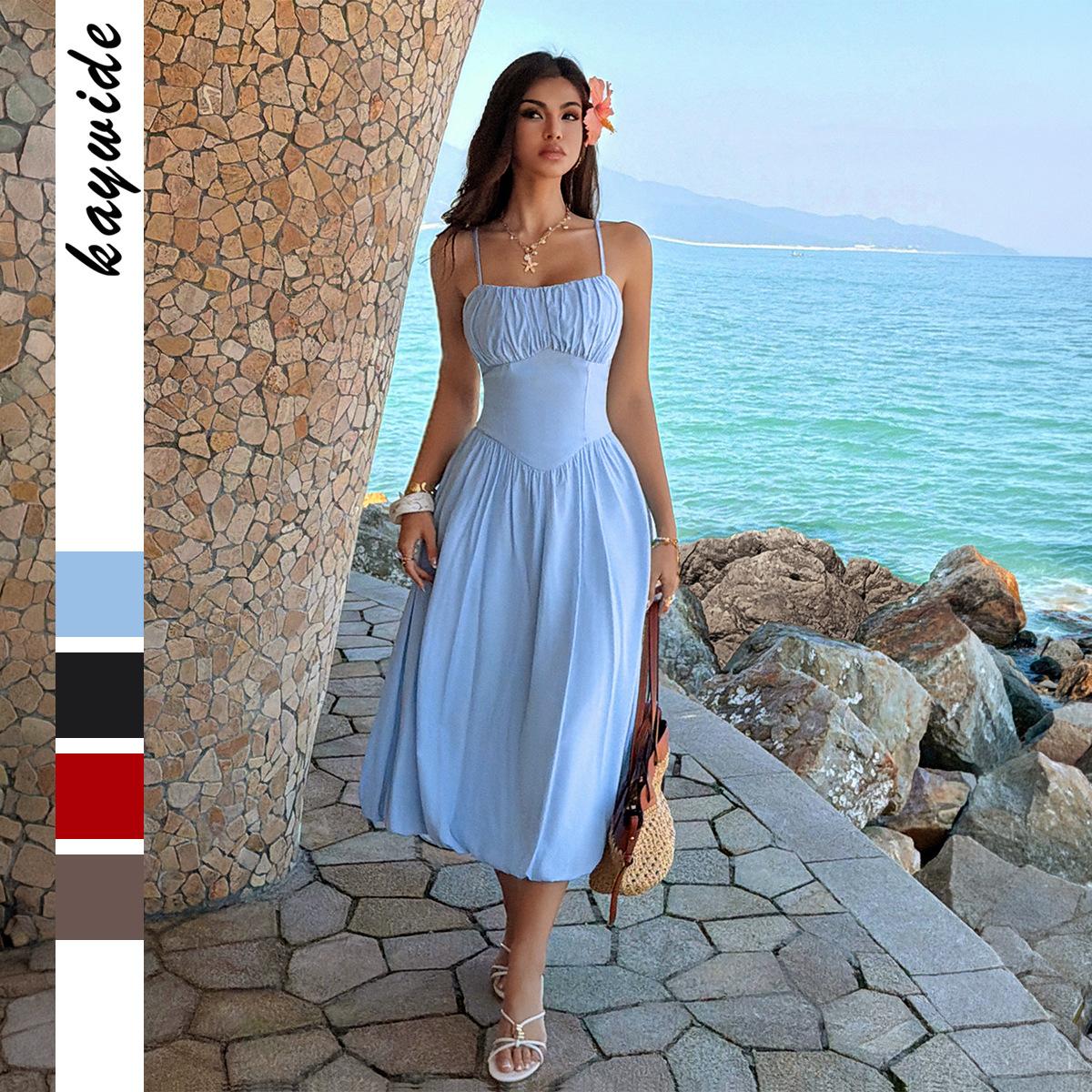 Diyun European and American vacation style versatile suspender tube top long skirt dress women s clothing 2026 summer Amazon independent station S синий
