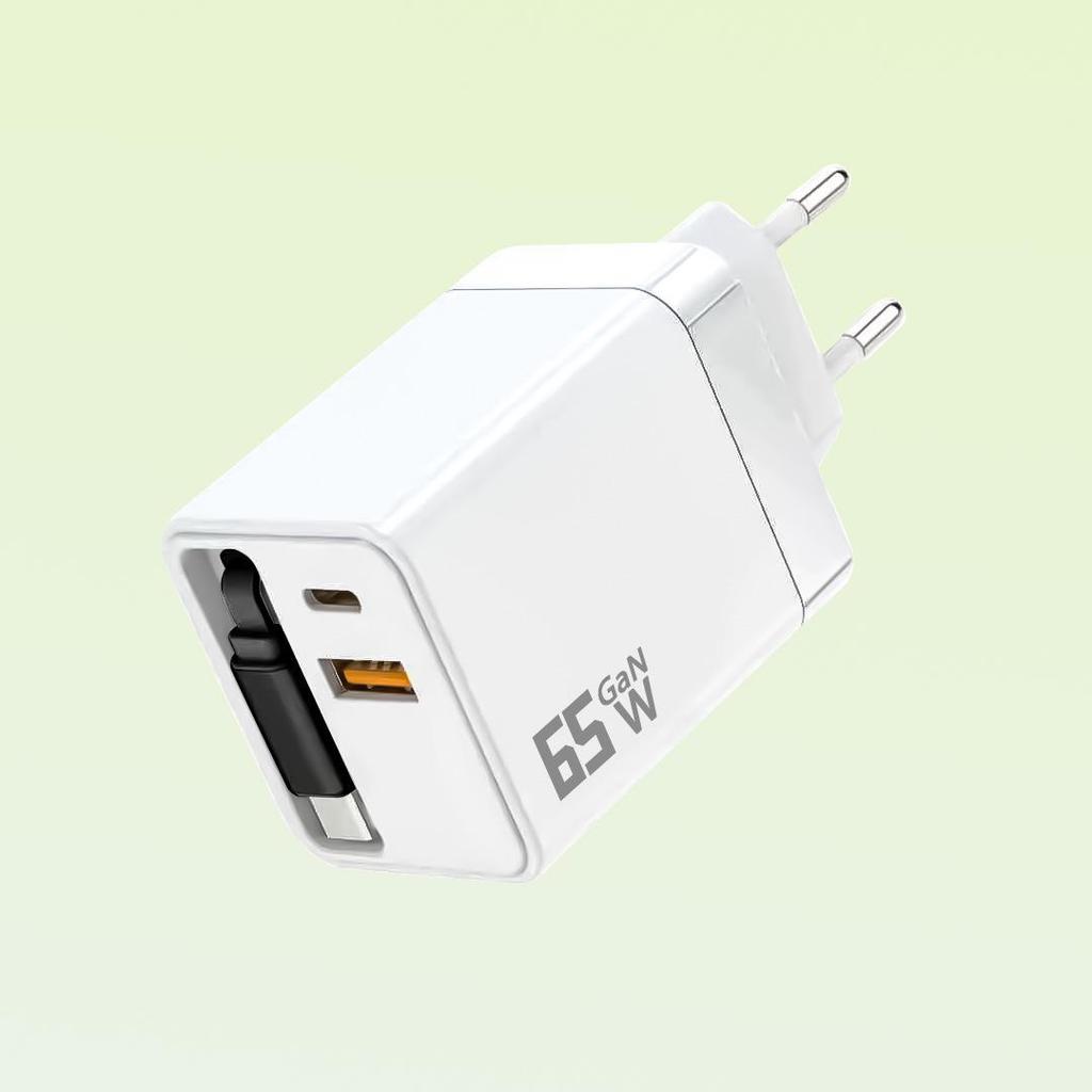 65W Galliumnitrid Dual-Port Schnellladegerät mit einziehbarem Stecker, geeignet für Apple & Huawei (80W A+C)