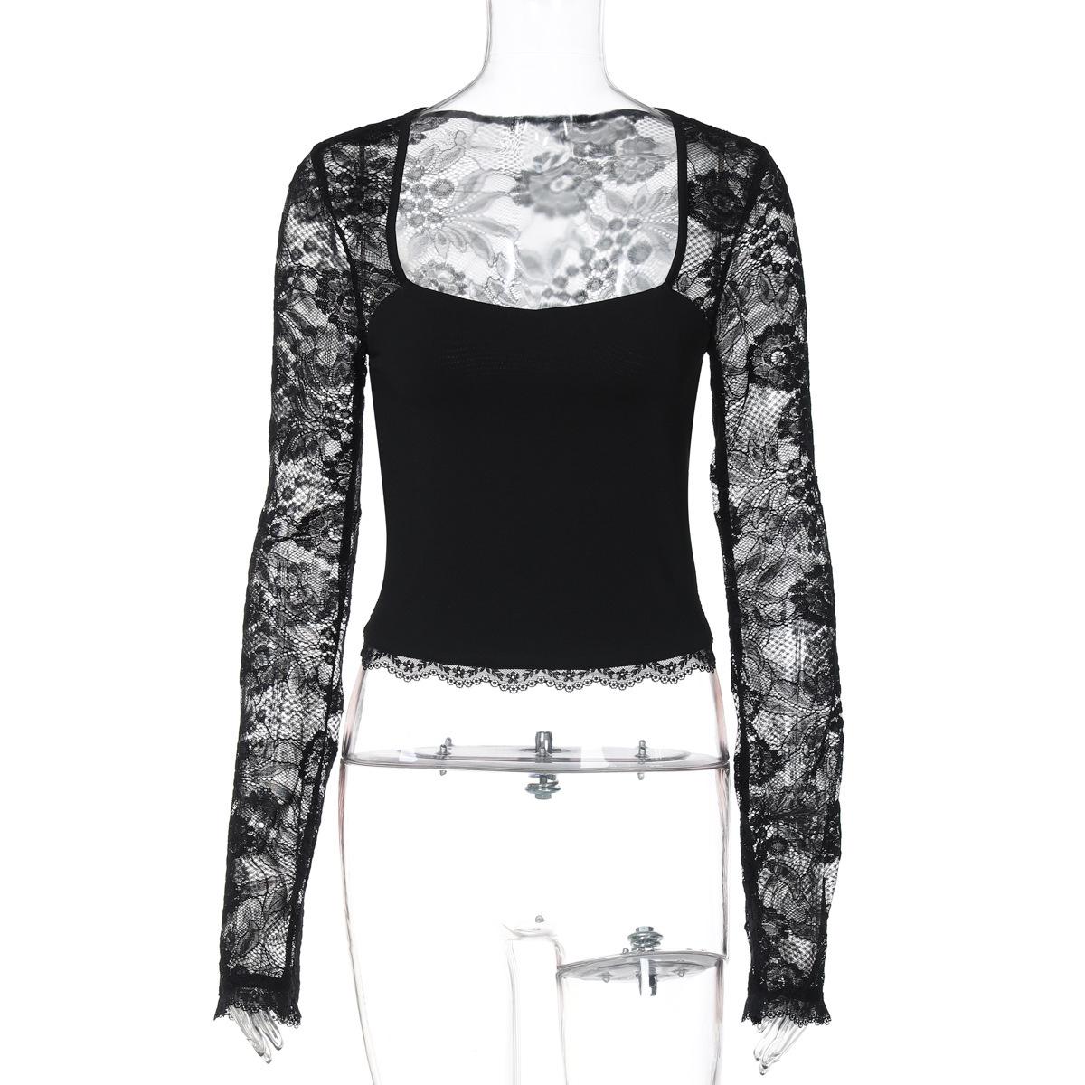 

2026 Summer Women s Fashion Lace Patchwork Long Sleeve Top Extra Small чёрный