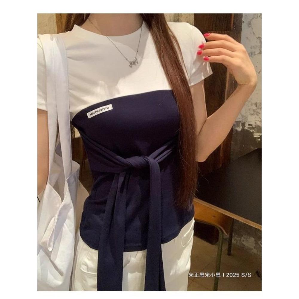 Patchwork Contrast Color Strapped Short-sleeve T-shirt Women New Summer Slim Short Top Pure Desire Style