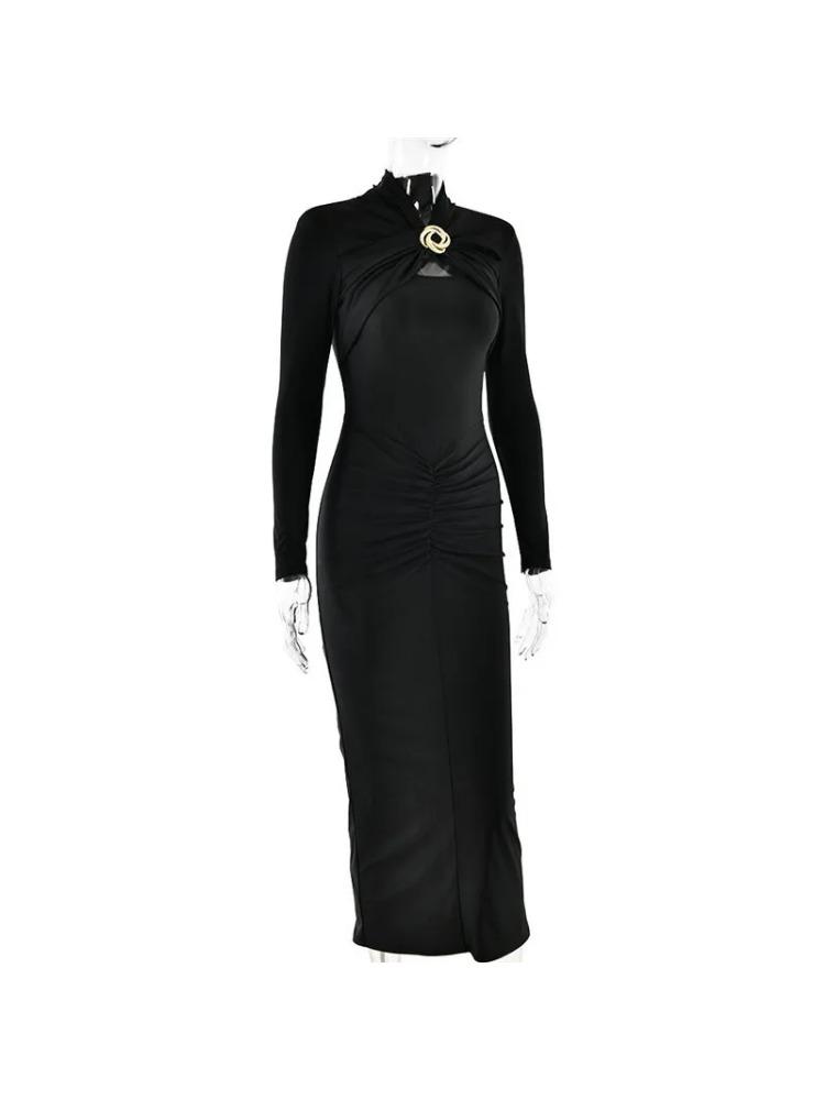 Hollow Out Long Sleeve Sexy Maxi Dress For Women Gown Autumn Winter New Metal Buckle Ruched Slit Long Dress Elegant