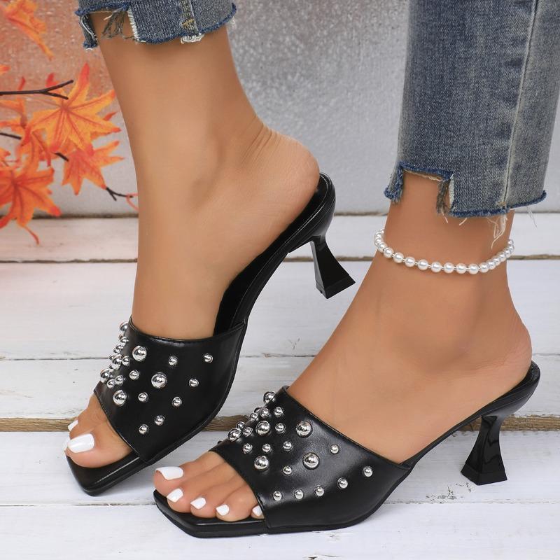 Women’s Studded Open-Toe High Heel Slide Sandals, Fashion Plus Size Shoes