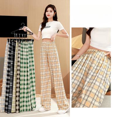 Calças xadrez femininas de verão, seção fina, soltas, retas, emagrecedoras, calças casuais, cintura alta, drapeadas, calças largas