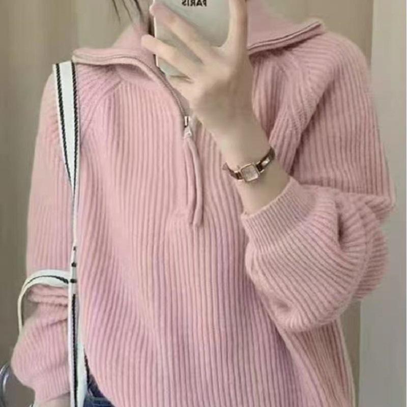Solid-color loose knit sweater for women, laid-back fashionable Korean style, high neck, half-zip pullover sweater, versatile for autumn and winter