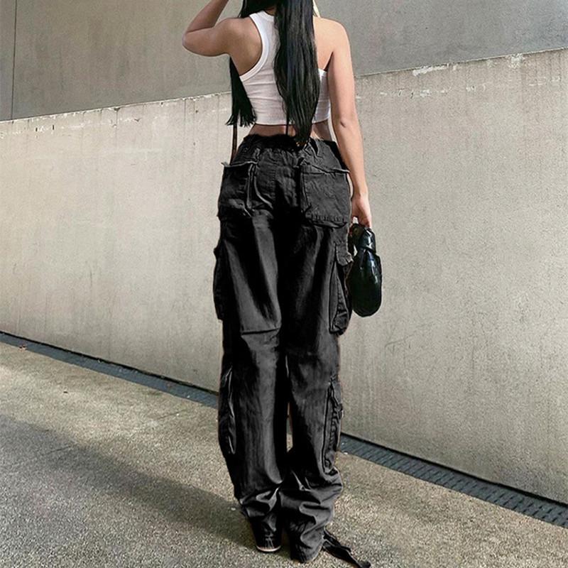Vintage Cargo Pants Loose Jeans Women's Casual Spring Autumn Pocket Street Sports High Waist Straight Grey Trousers