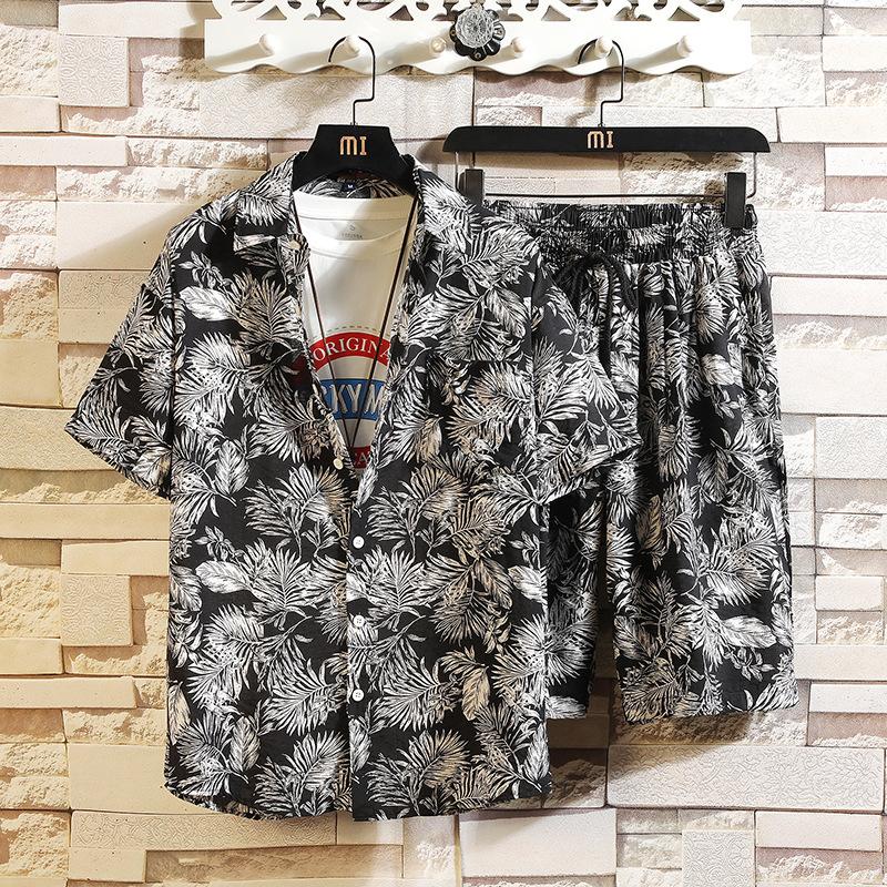 Erkek Set Kısa Kollu Hawaii Gömlek ve Şort Yaz Rahat Çiçek Gömlek Plaj Iki Parçalı Takım Elbise Moda Erkek Setleri
