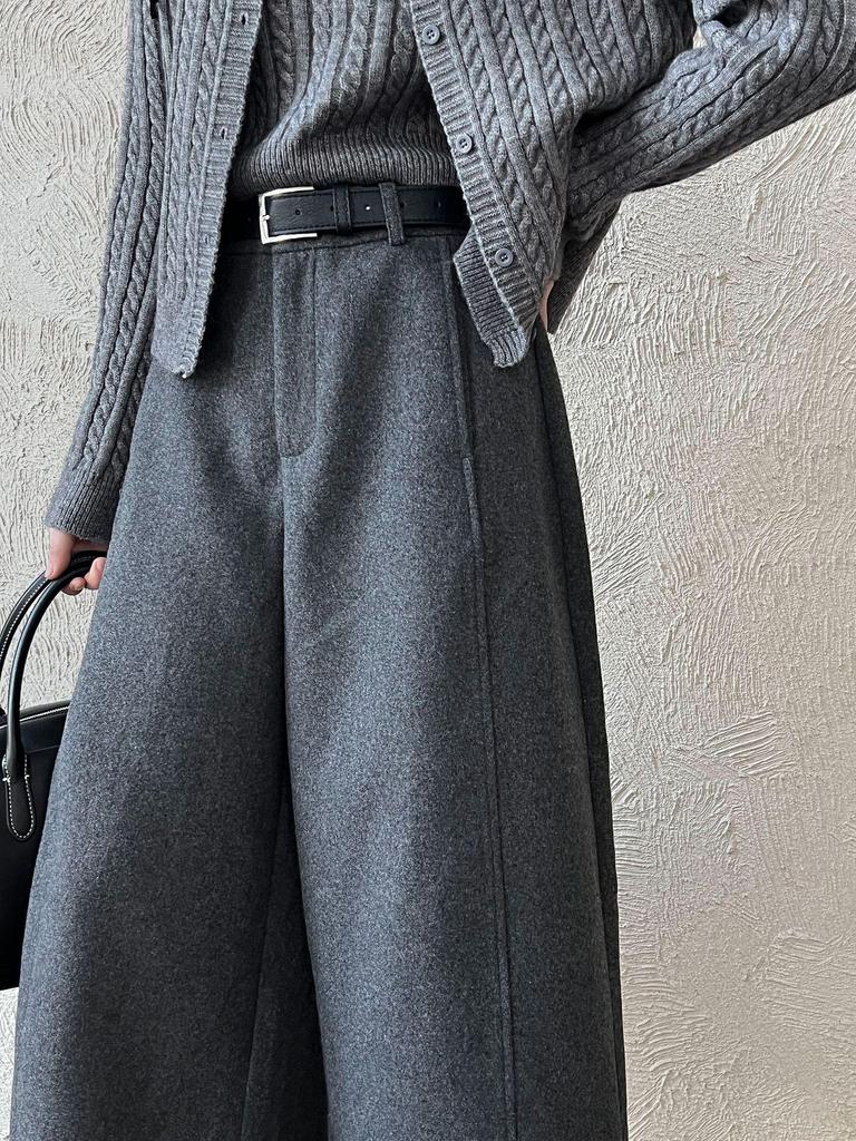 Women's LUXI Woolen Stand-up Collar Wide-leg Cropped Pants - Korean Style, Autumn Slimming High-End Feel