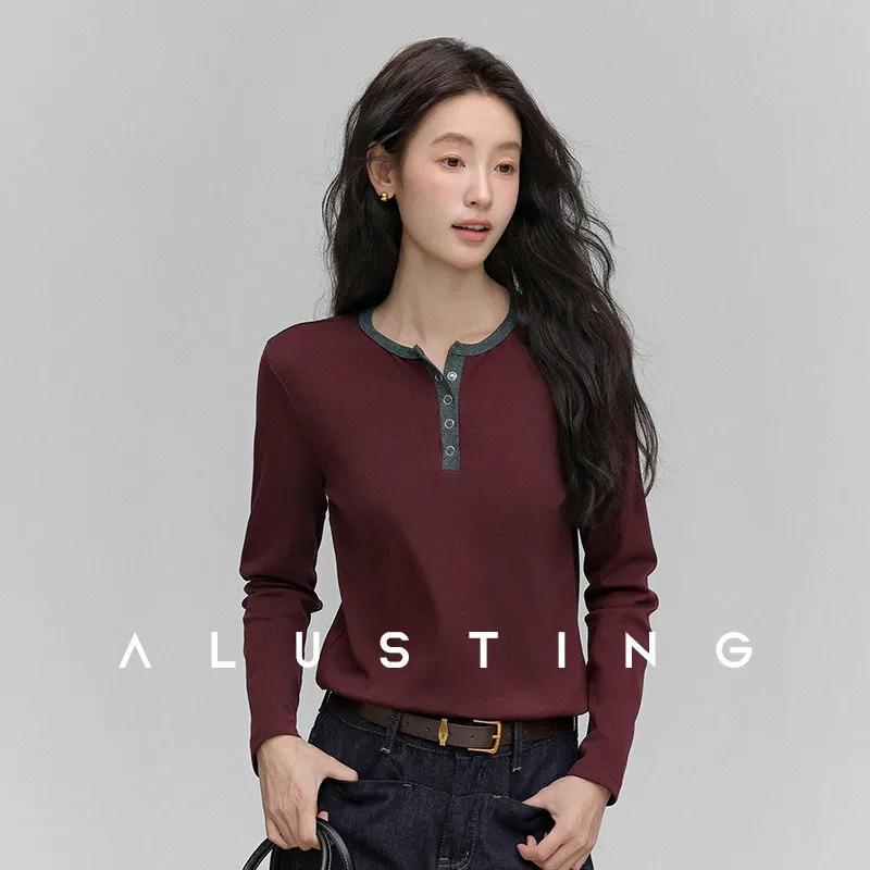 Women s Burgundy Contrast Trim Henley Long Sleeve  Button Placket Slim Fit Knit  Casual Fall Top L бордовый