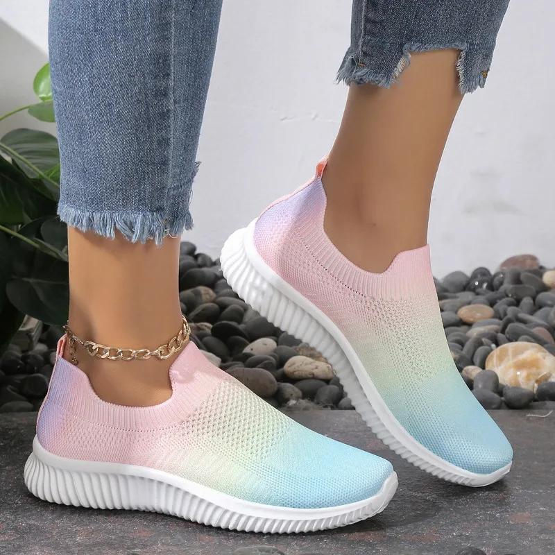 Fashion Gradient Color Women Flats Shoes Breathable Mesh Platform Sneakers Slip on Soft Ladies Casual  Women Shoes Tennis Flats