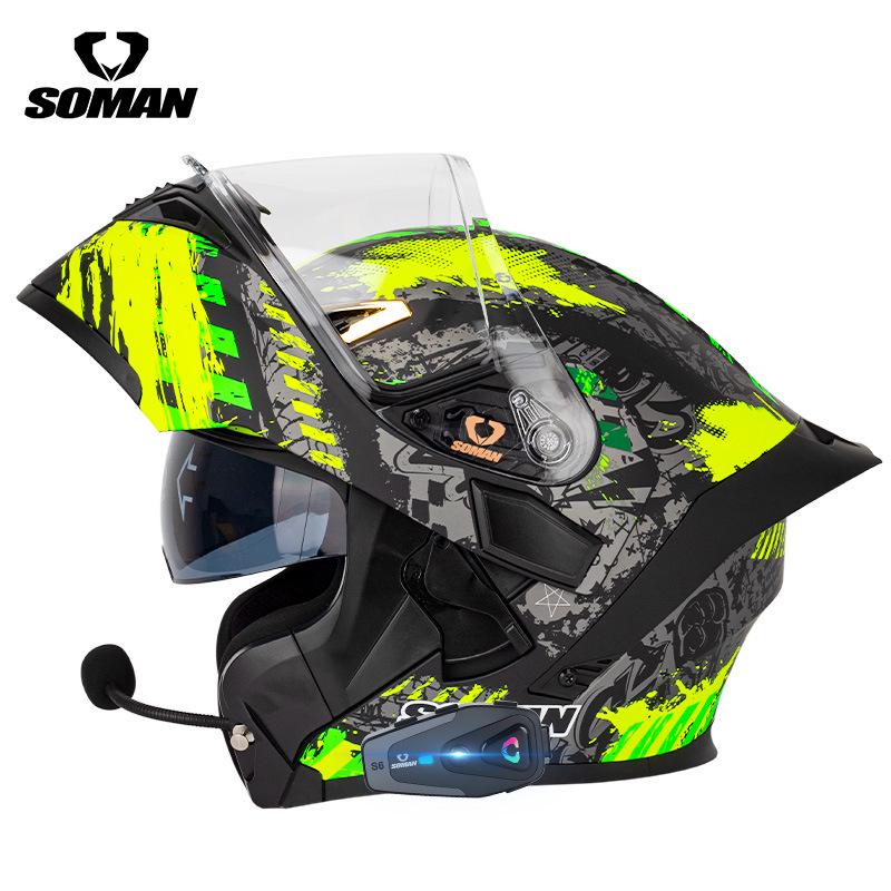 SOMAN Bluetooth Motorcycle Helmet with Double Lens and Flip-Up Design for All Seasons