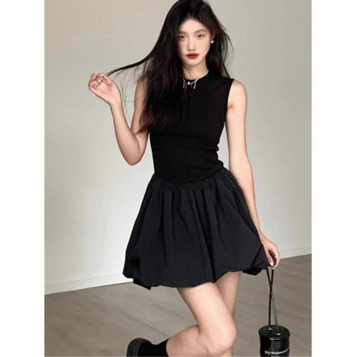 

Elegant Black Floral Short Dress for Women - French Style Trendy Bud Design S