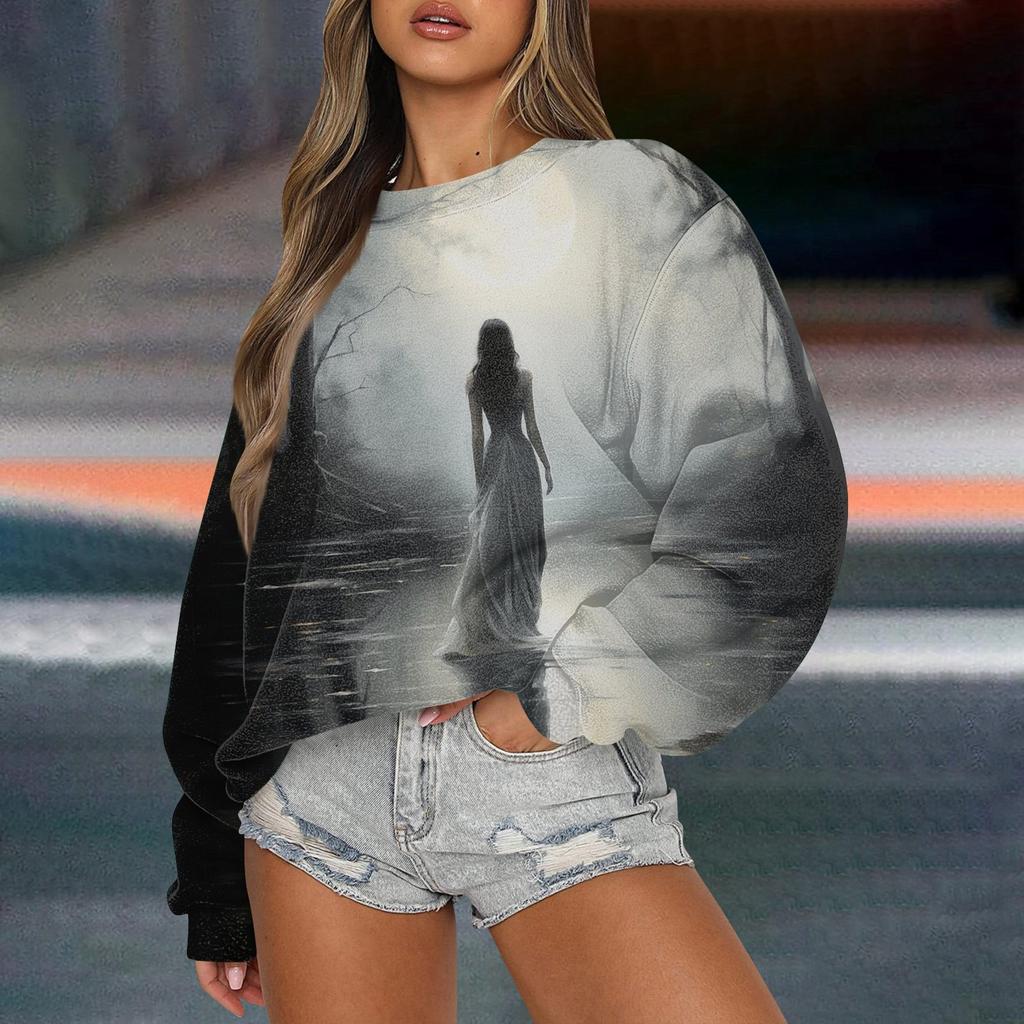 Women's Casual Fashion Printed Long Sleeved Knitted Sportswear Top, Loose Fit Halloween
