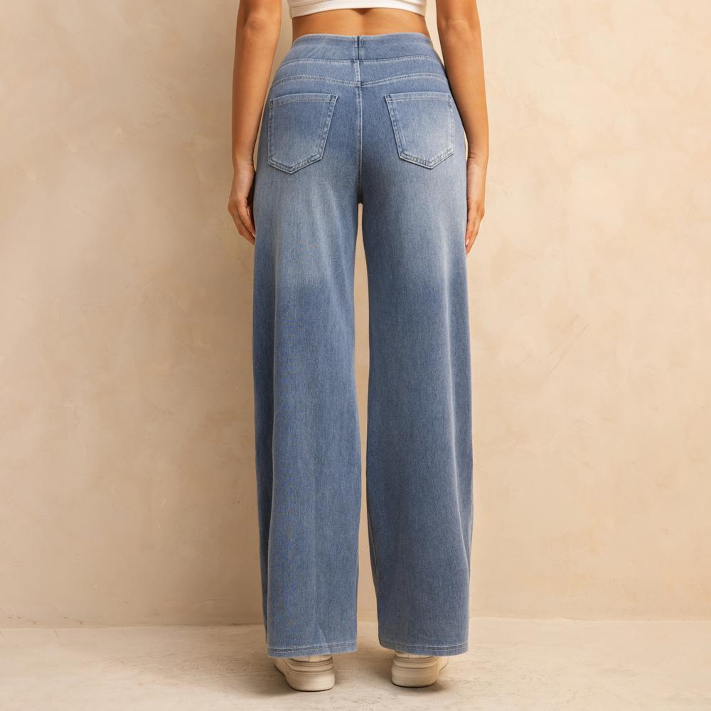 Shascullfites Melody High-Waisted Wide-Leg Jeans Light Blue Women's Stretchy Knit Trousers with Multiple Pockets for Work