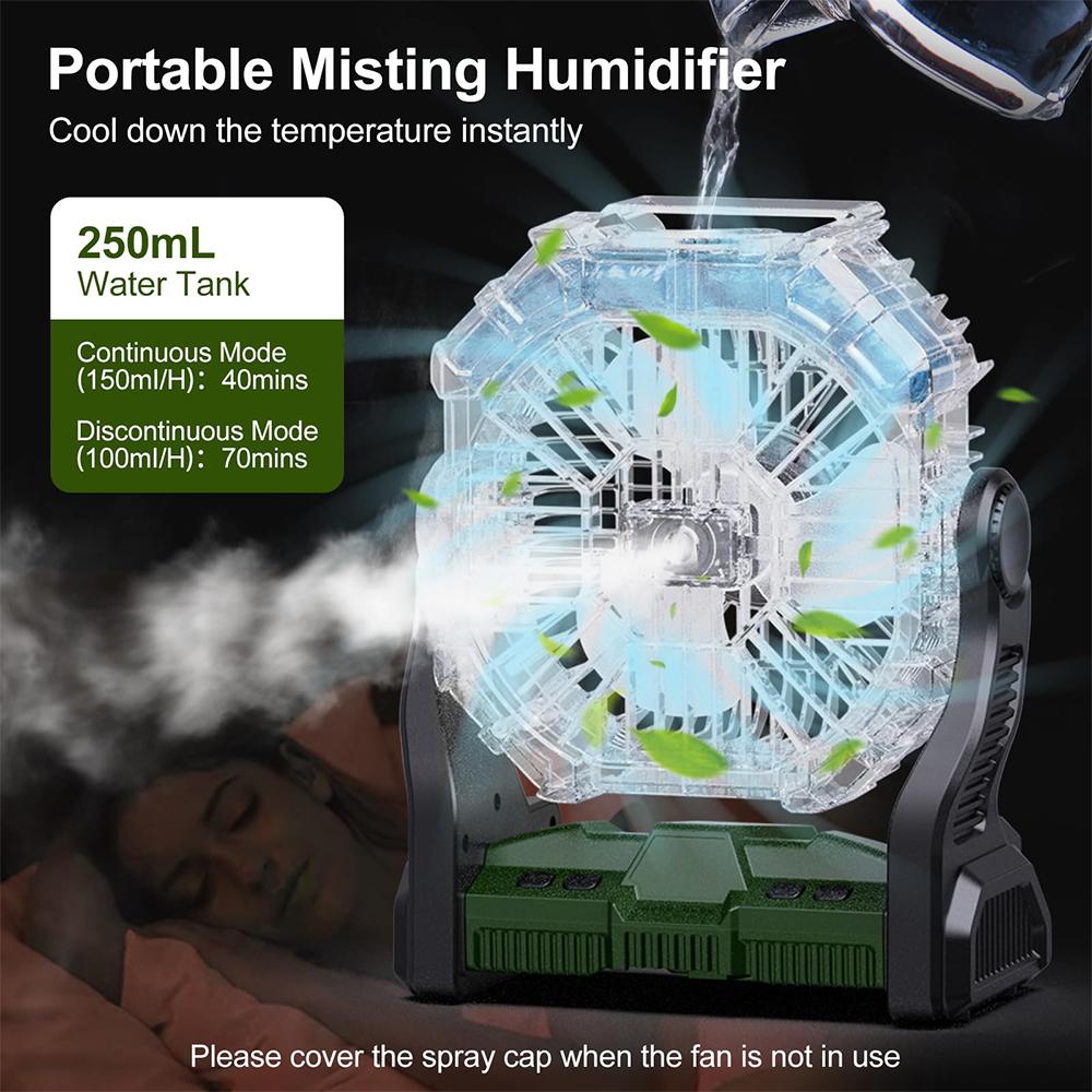 Hanging Hook Camping Fan Battery Operated Desk Fan with 4 LED Lantern 250ML Water Tank 8 Speeds, Battery Can Running 8-20 Hours