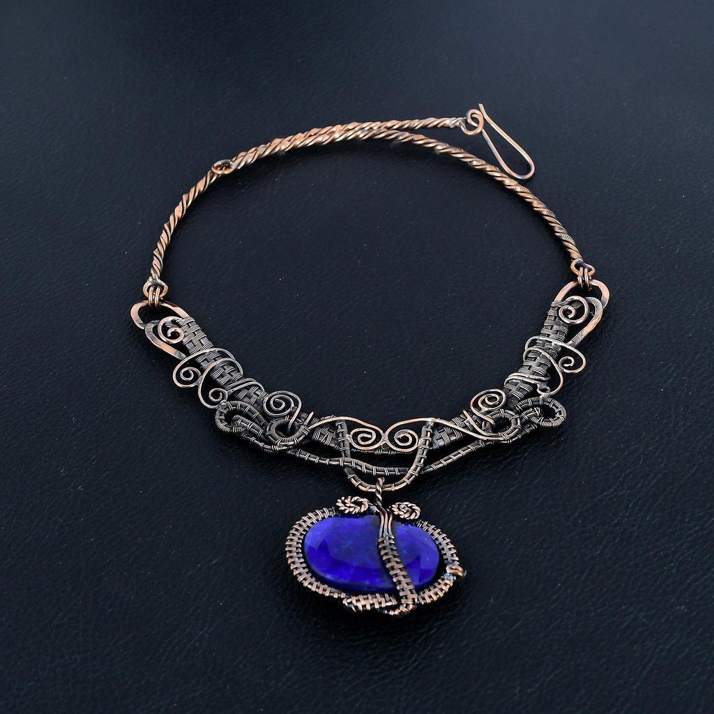 Blue Sapphire Necklace, Handmade Gemstone Necklace, 999 Copper Wire Wrapped Necklace Antique Jewelry, For Engagement Gift