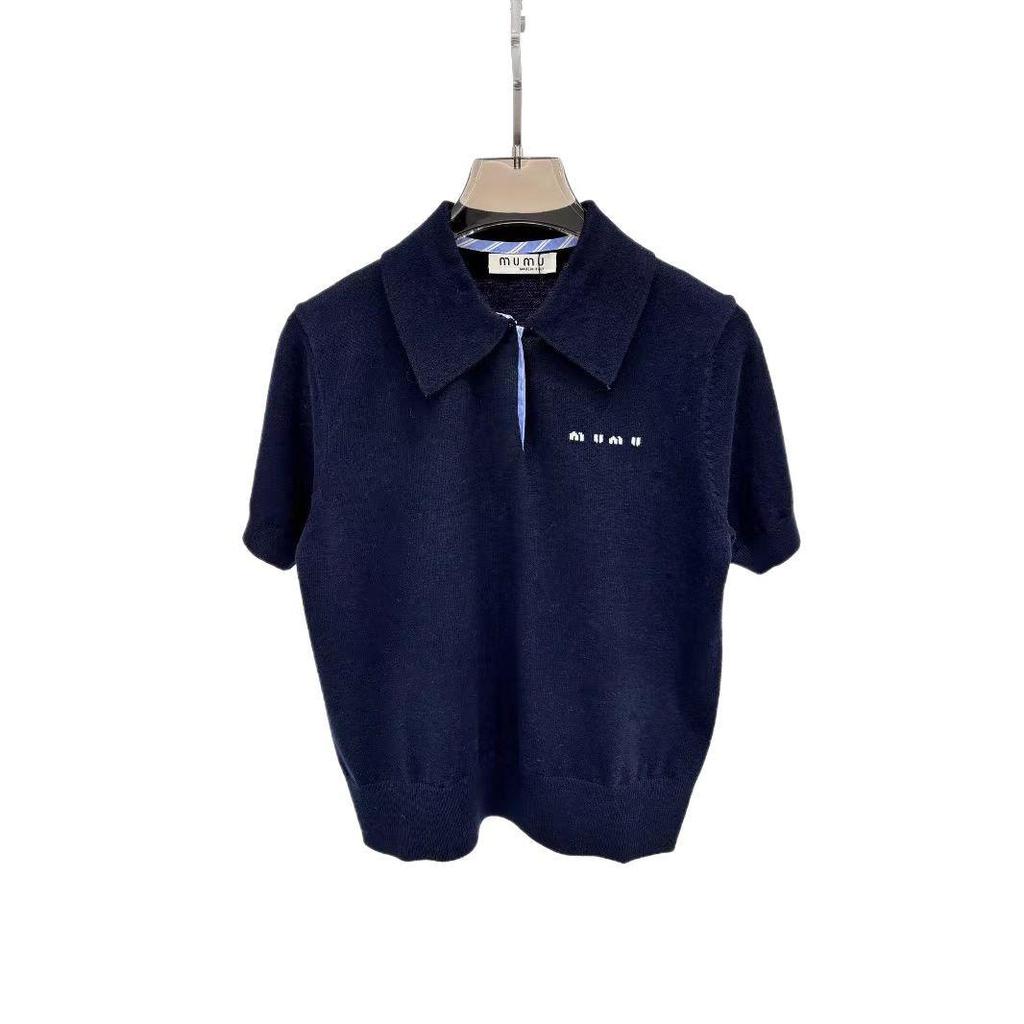 2024 Autumn Simple College Embroidered Short-Sleeve Polo Collar Knit Top
