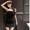 Sexy hairy edge one-word shoulder tube top dress women's spring and summer small dress waist slim hip skirt