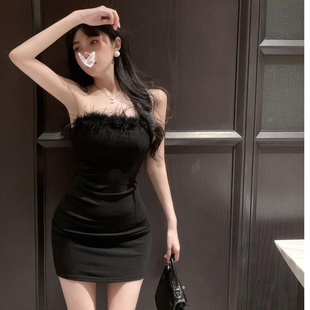 Sexy hairy edge one-word shoulder tube top dress women's spring and summer small dress waist slim hip skirt