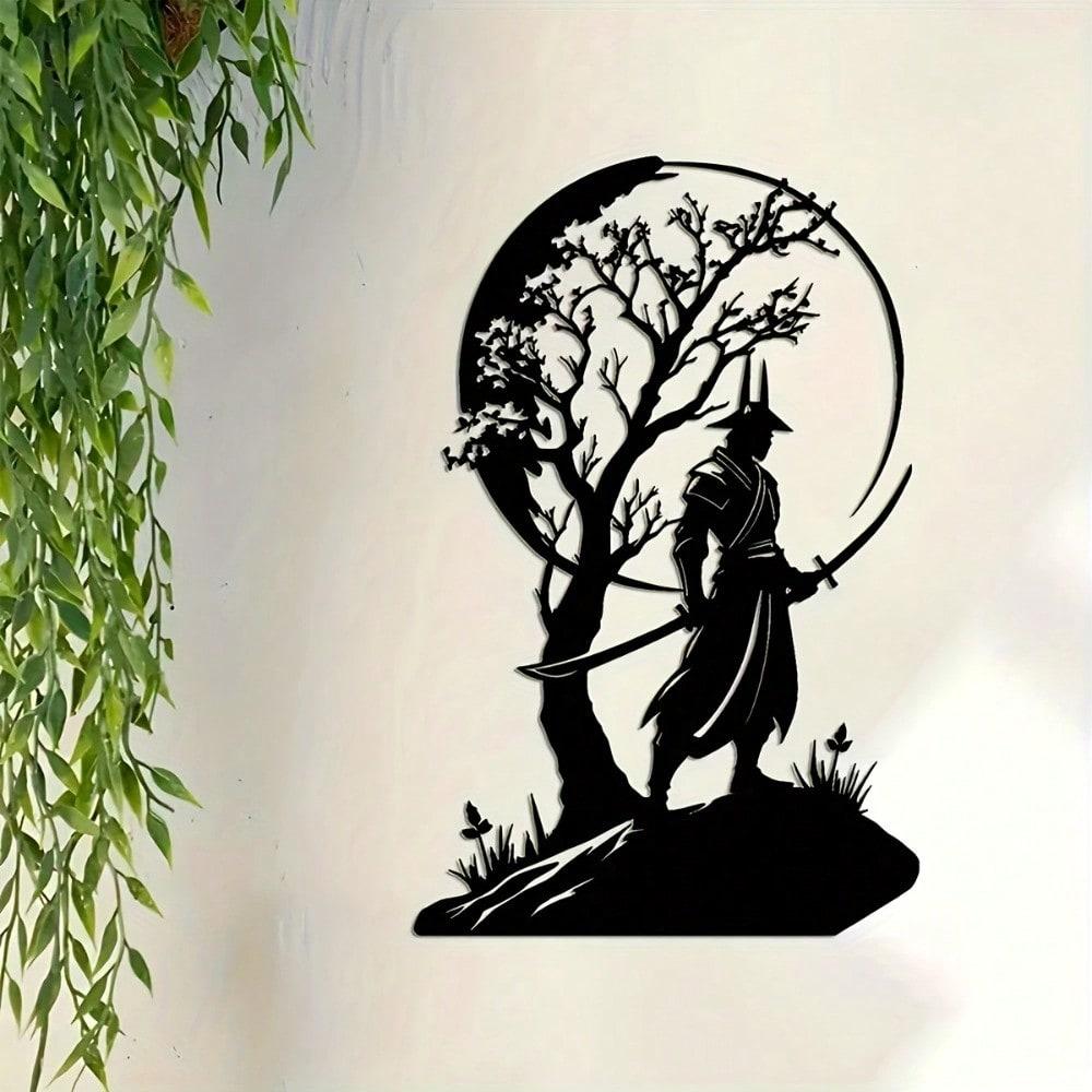 Japanese Samurai Cherry Blossom Metal Wall Art, Iron Silhouette with Moon & Sword for Home Decor