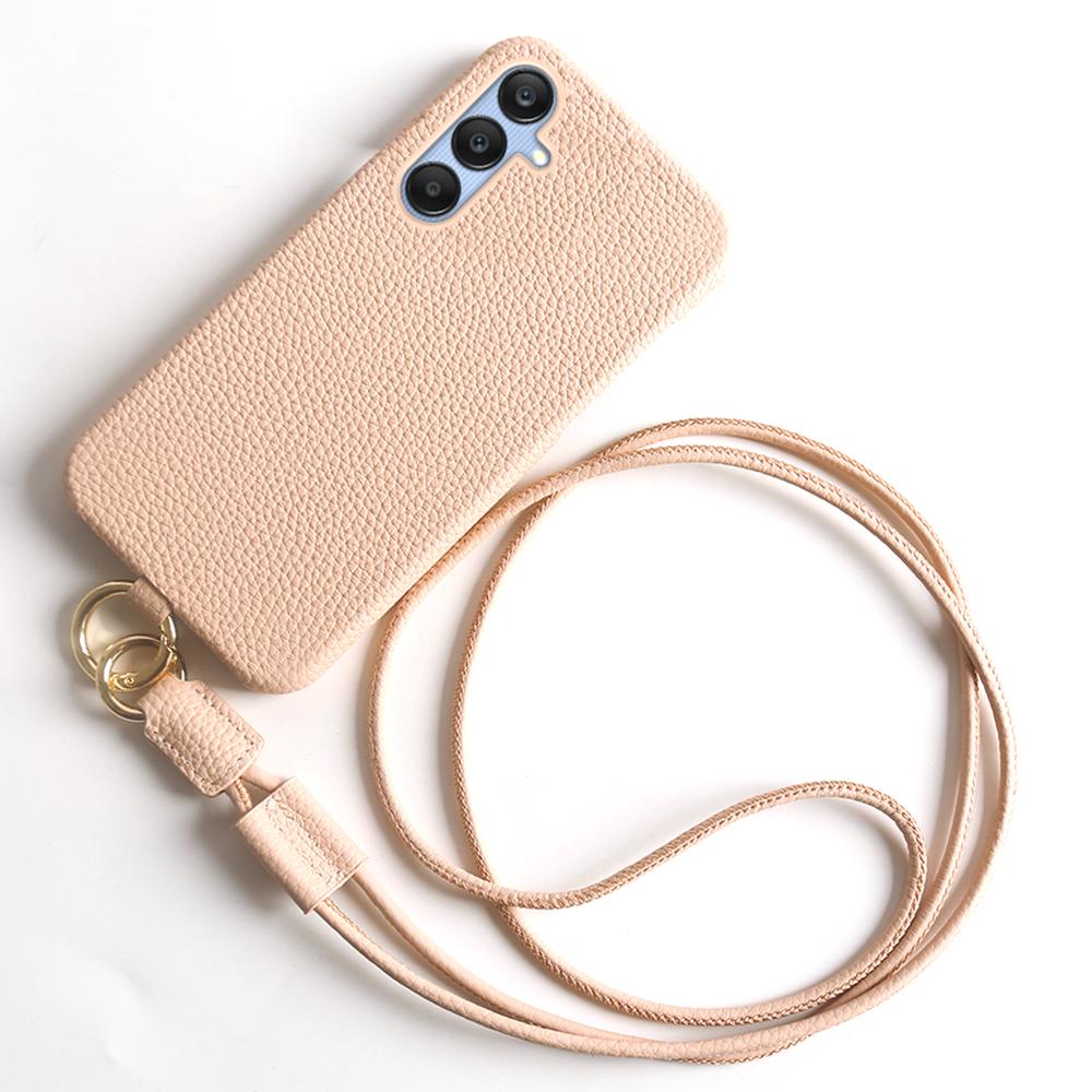

For Samsung Galaxy S23 FE Case with Lanyard Genuine Cow Leather PC Phone Back Cover Pink