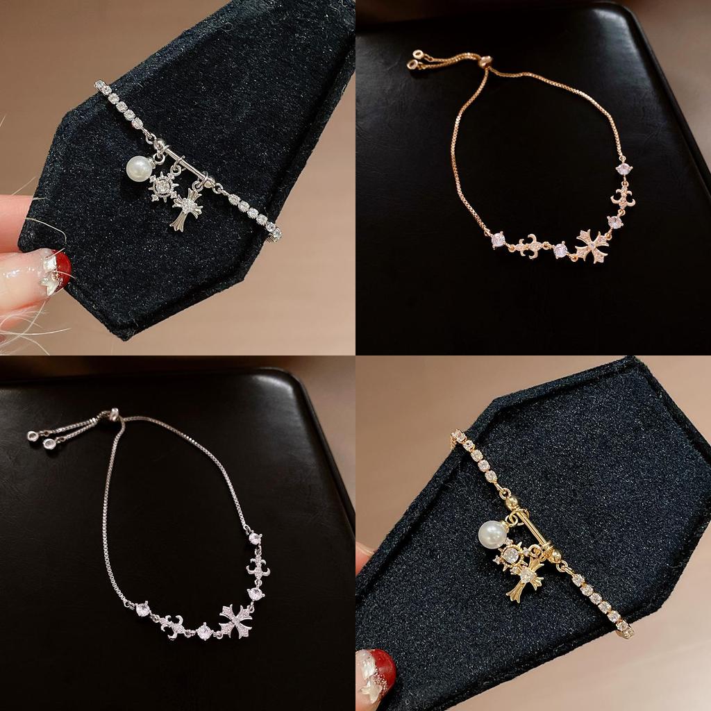 Pulseira Ajustável com Pingente de Cruz para Mulheres com Enfeites de Zircônia Joia da Moda Tendência Presente
